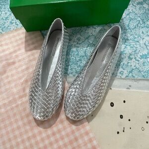 Bottega Veneta Silver Woven Leather Flats